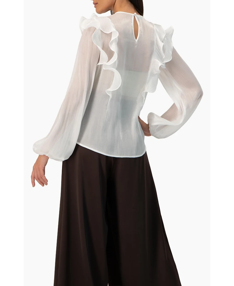 Ivonne Women's Long Sleeve Sheer Blouse with Ruffle Detail