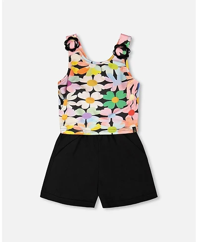 Deux par Girl Sleeveless Jersey Jumpsuit Black Printed Flowers - Child