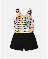 Deux par Girl Sleeveless Jersey Jumpsuit Black Printed Flowers - Child