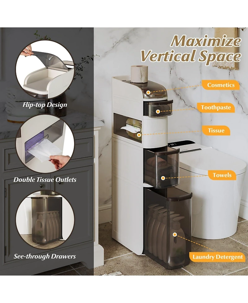 Volenca 5-Tier Narrow Bathroom Storage Cabinet with Drawers and Tissue Box Holder