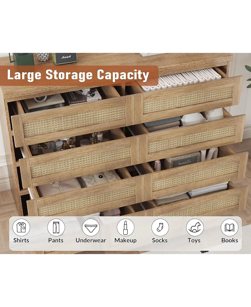 gaomon Rattan Dresser for Bedroom, Modern 8 Drawer Wooden Chest, Wide Wood Beside Table Closet, Nursery, Living Room and Entryway