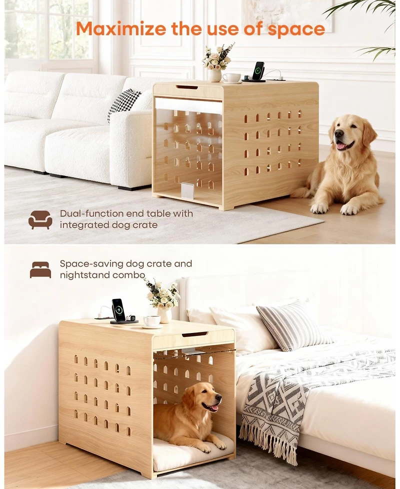 Sugift 37-Inch Oak Dog Crate Furniture with Charging Station, Large Indoor Wood Kennel Side Table with Flip Up Acrylic Door