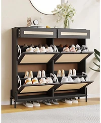 Gaomon Rattan Shoe Cabinet with 4 Flip Drawers & 2 Top Drawers, Slim Wooden Freestanding Organizer Adjustable Shelves