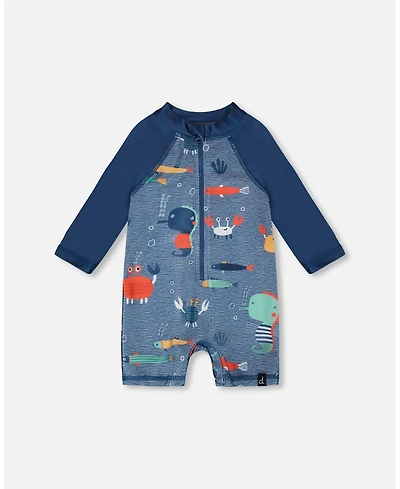 Deux par Deux Baby Boys One-Piece Long Sleeve Rashguard Blue Printed Marine Animals