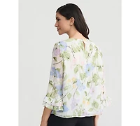 Clip Dot Flroal Print Ruffle Sleeve Blouse