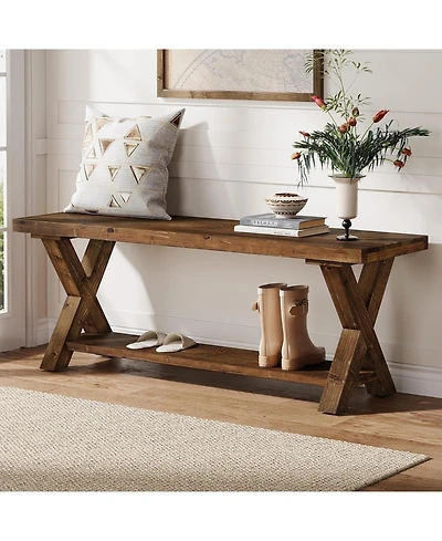 Tribesigns 43.3" Solid Wood Bench, Farmhouse Wooden Entryway Bench with Storage Shelf, X-Shaped Leg Design, Entry Way Shoe Benches Seat