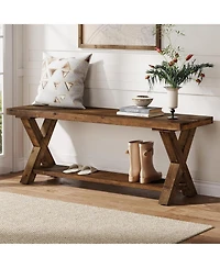 Tribesigns 43.3" Solid Wood Bench, Farmhouse Wooden Entryway Bench with Storage Shelf, X-Shaped Leg Design, Entry Way Shoe Benches Seat