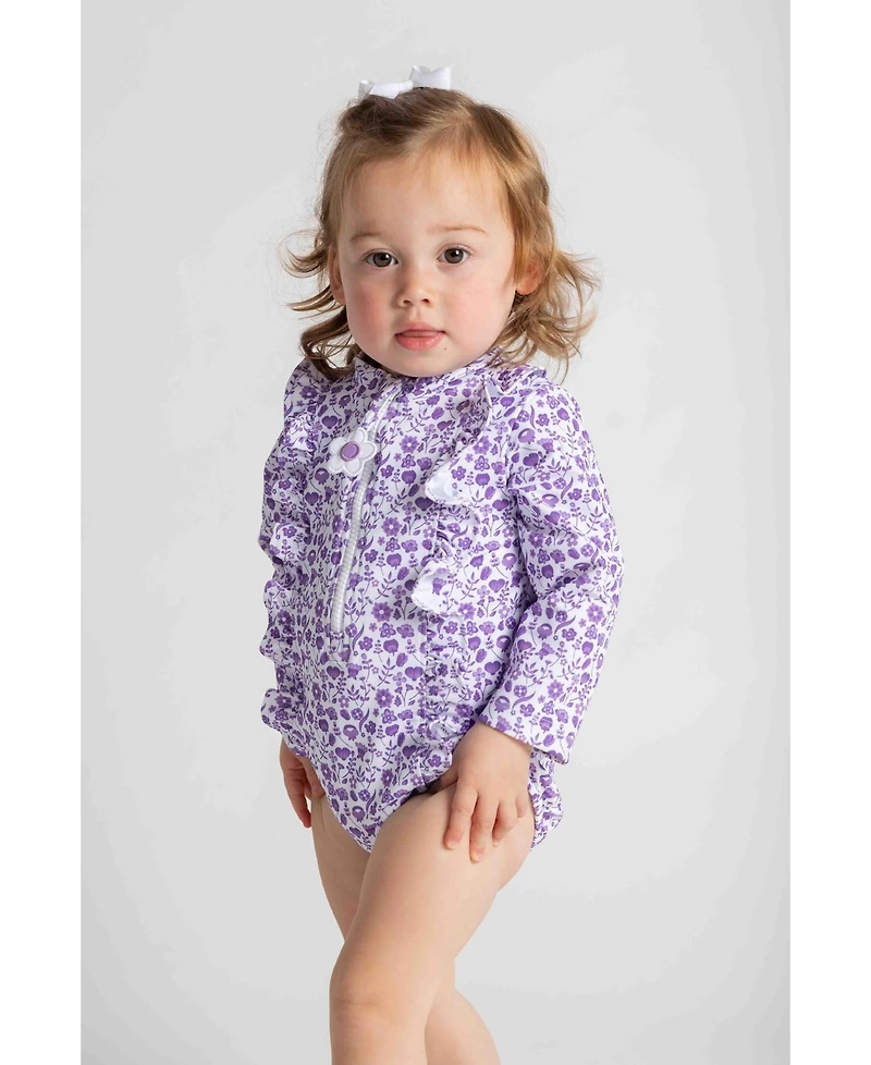 Florence Eiseman Little Girls Floral Print One Piece Rashguard with Ruffles