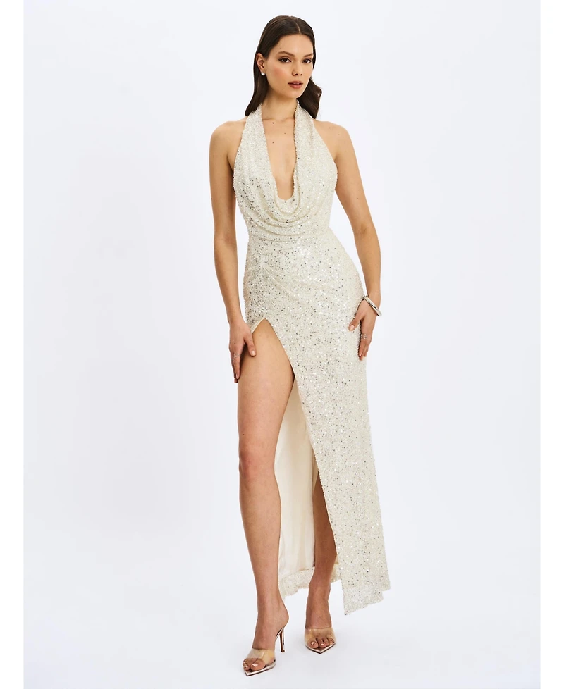 Miss Circle Women's Niamh Golden Beaded Cowl Halter Backless Maxi Dress