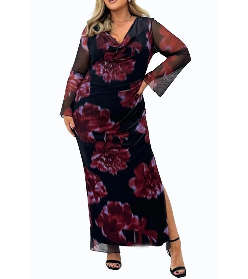 Fashion-szn Curve Women's Cowl Neck Mesh Flare Sleeve Maxi Dress