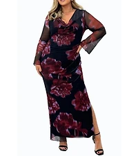 Fashion-szn Curve Women's Cowl Neck Mesh Flare Sleeve Maxi Dress