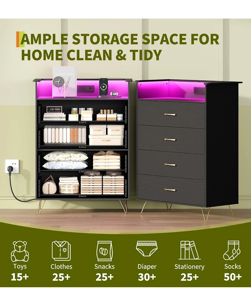 gaomon Towallmark 4-Drawer Dresser with App-Controlled Rgb Lights & Charging Station, Large Capacity Modern for Bedroom, Living Room