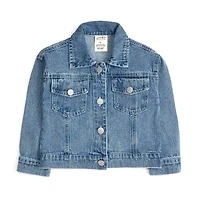 Sweet Wink Big Girls Pearl and Gemstone Floral Bow Patch Denim Jacket