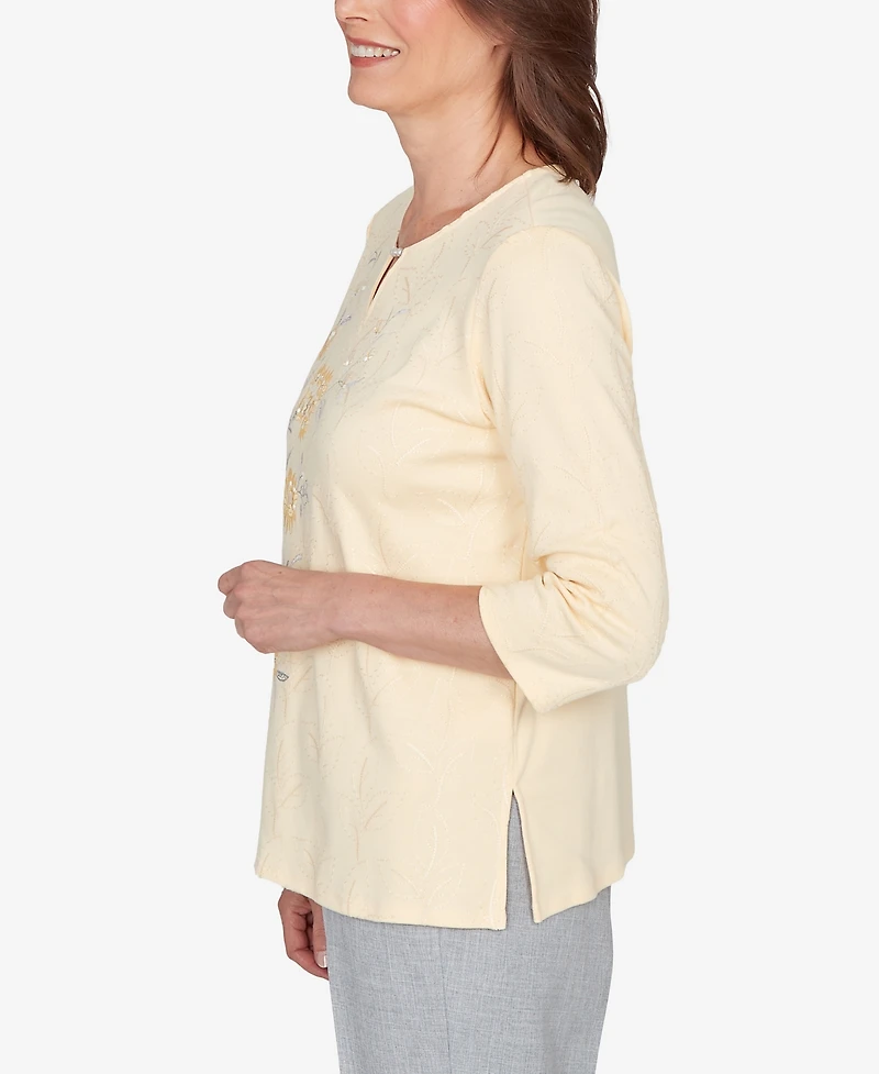 Alfred Dunner Women's Al Fresco Asymmetrical Floral Embroidered Textured Top