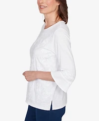 Alfred Dunner Women's Mykonos White Medallion Embroidered Top