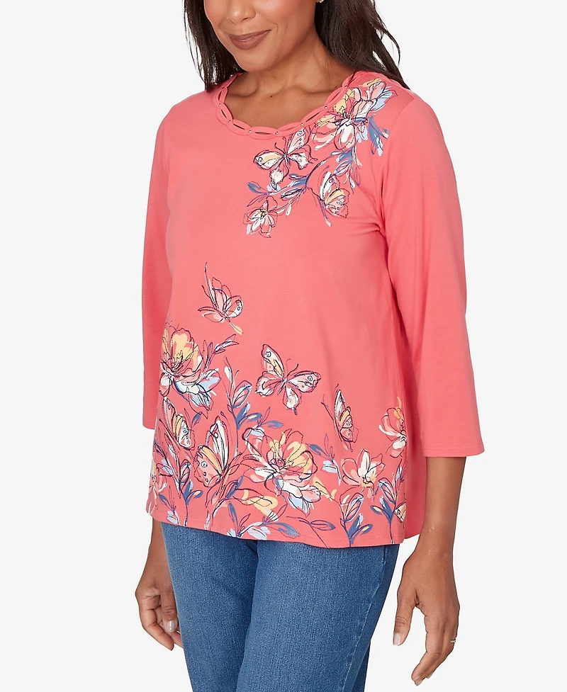 Alfred Dunner Women's Austin Asymmetric Etched Floral Knit Top