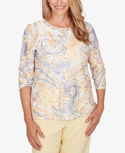 Alfred Dunner Women's Al Fresco Paisley Printed Patch Knit Top