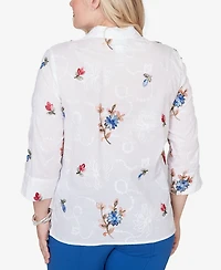 Alfred Dunner Women's The Royal Treatment Embroidered Flower Collared Button Front Top