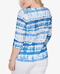 Alfred Dunner Women's The Royal Treatment Tie Dye Biadere Knotted Crew Neck Top