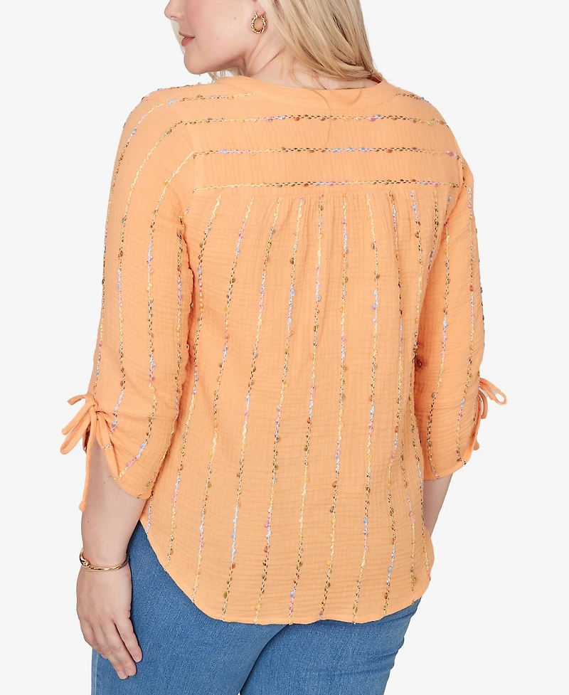 Alfred Dunner Women's Beachcomber Eyelash Gauze Textured Tie Sleeve Henley Top