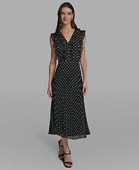 Karl Lagerfeld Paris Women's V-Neck Crinkle Chiffon Midi Dress