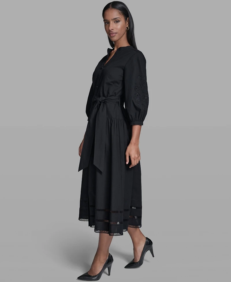 Karl Lagerfeld Paris Women's Poplin Eyelet Button Front Midi Dress