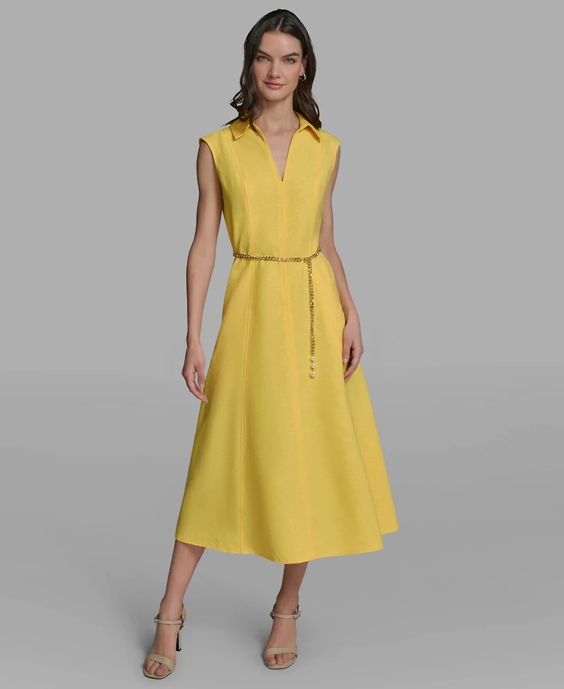 Karl Lagerfeld Paris Women's Collared Chain Belt Midi Dress