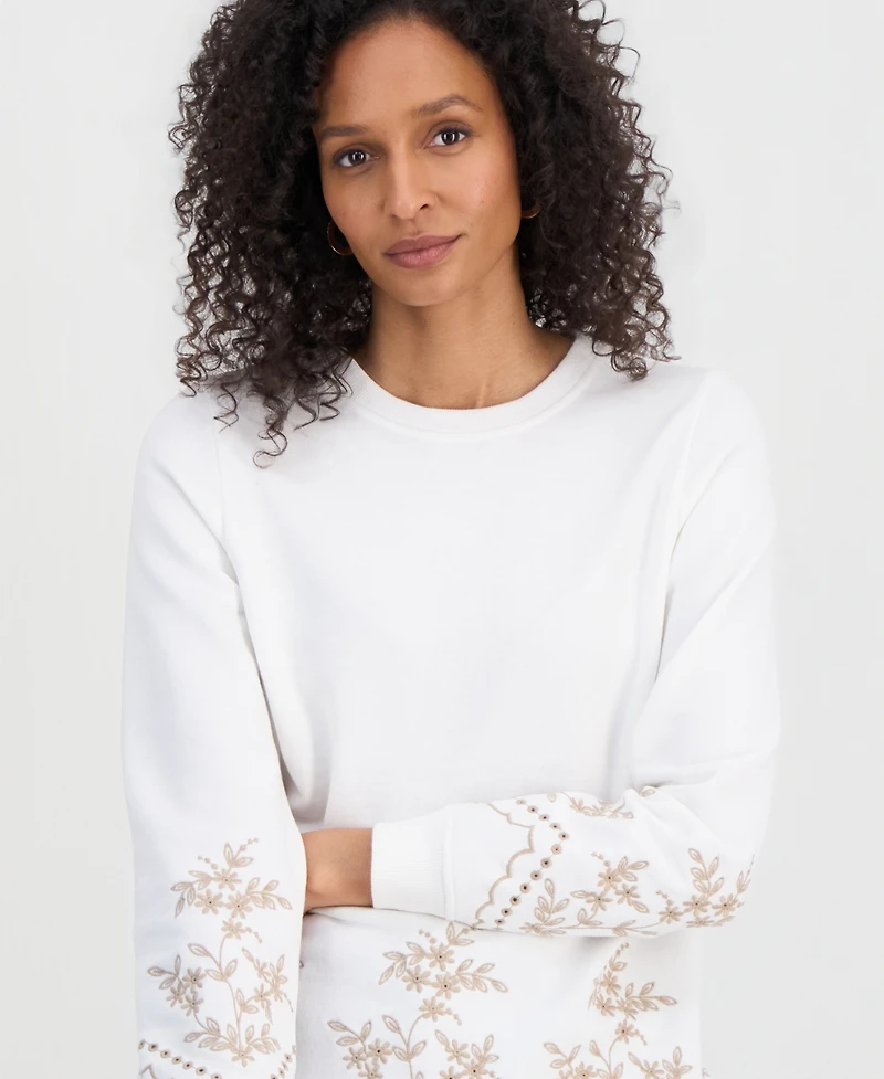 Style & Co Petite Long-Sleeve Trim Eyelet Knit Crew Neck Top, Macy's Exclusive