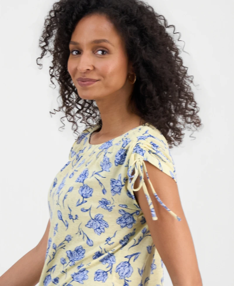 Style & Co Women's Floral-Print Boat-Neck Ruched-Sleeve Top, Macy's Exclusive