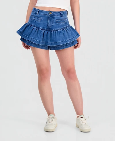 Tinseltown Juniors' High-Rise Ruffled Denim Skort