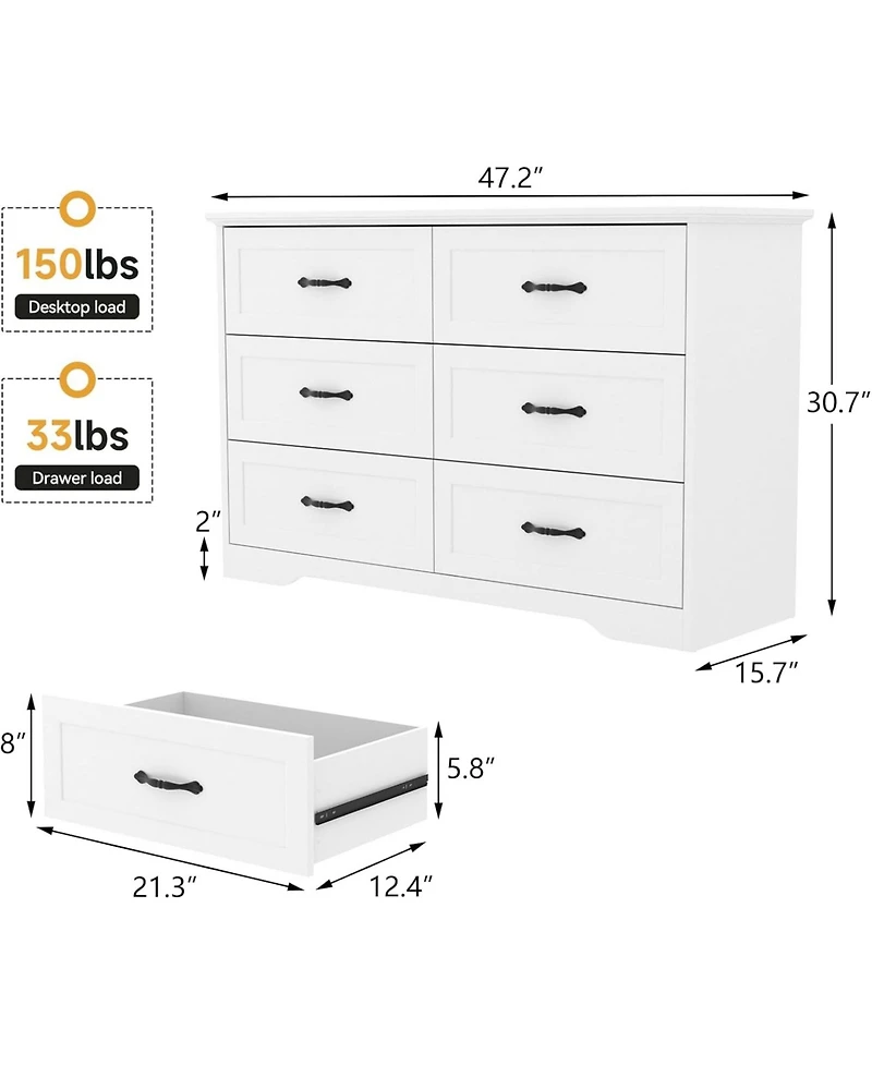 gaomon Takywep 6-Drawer Dresser for Bedroom - Farmhouse Modern Wooden Storage Chest with Metal Handles, Dresser Organizer for Bedroom, Living Room