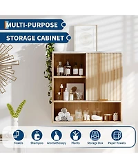 Homfan Fluted Bathroom Wall Cabinet with Faux Marble Top & Adjustable Shelf, Modern Medicine Cabinet with Sliding Door and Open Storage Space