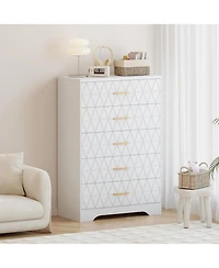gaomon Tall Dresser for Bedroom with 5 Drawer, Pink Wood Chest of Drawers with Gold Handles for Closet, Modern Nightstand for Bedside