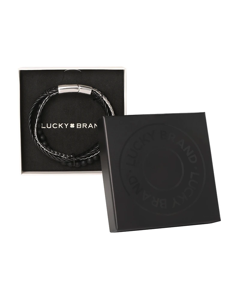 Lucky Brand Men s 3 Row Leather, Chain & Bead Bracelet, Black, Magnetic Clasp - 8.5''