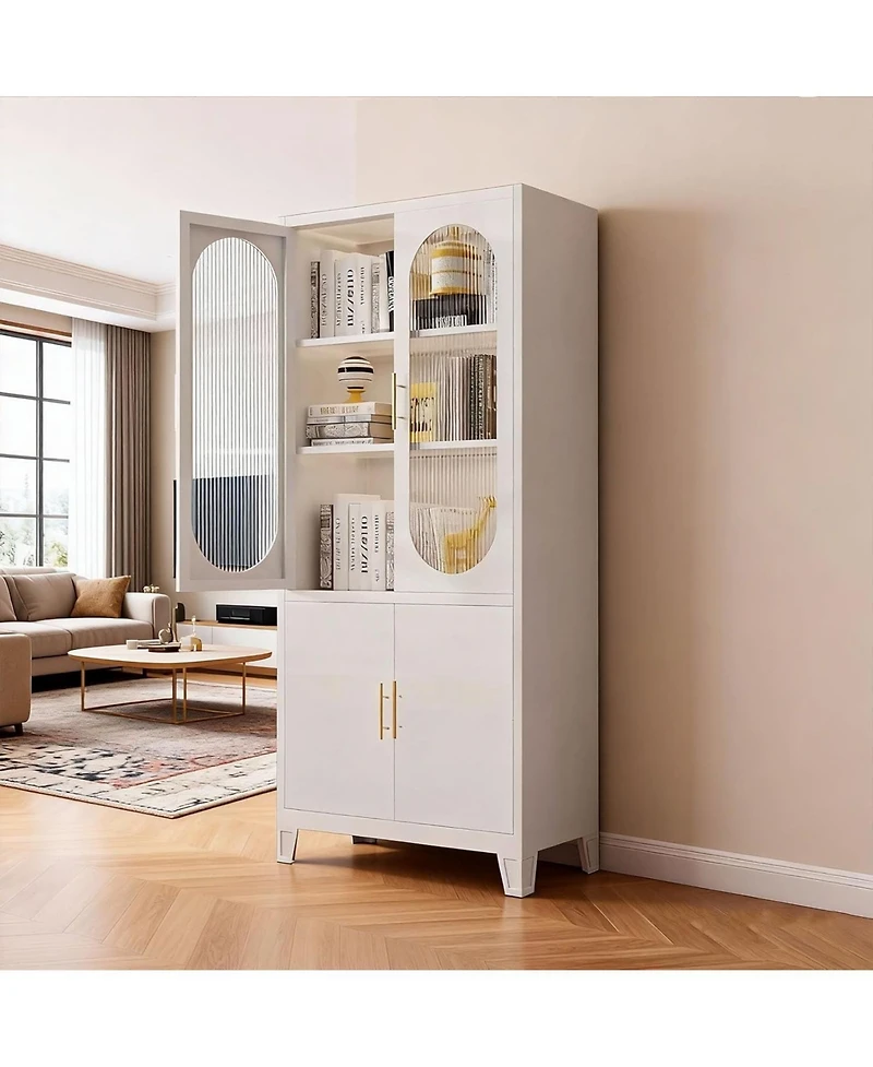 gaomon Freestanding Storage Cabinet: 70" Tall White Linen + Pantry + China Cabinet – Tempered Glass Doors, Heavy-Duty Adjustable Shelves