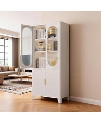 gaomon Freestanding Storage Cabinet: 70" Tall White Linen + Pantry + China Cabinet – Tempered Glass Doors, Heavy-Duty Adjustable Shelves