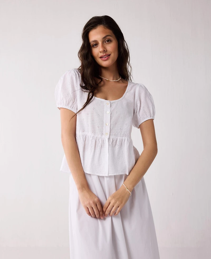 Reistor Women's Embroidered Peplum Top with Puff Sleeves