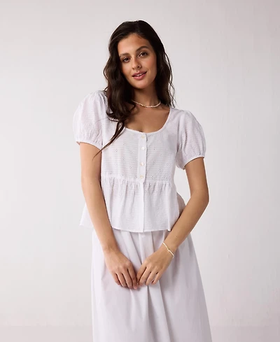 Reistor Women's Embroidered Peplum Top with Puff Sleeves