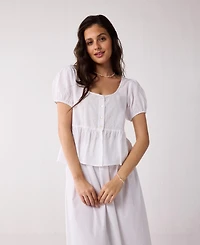 Reistor Women's Embroidered Peplum Top with Puff Sleeves