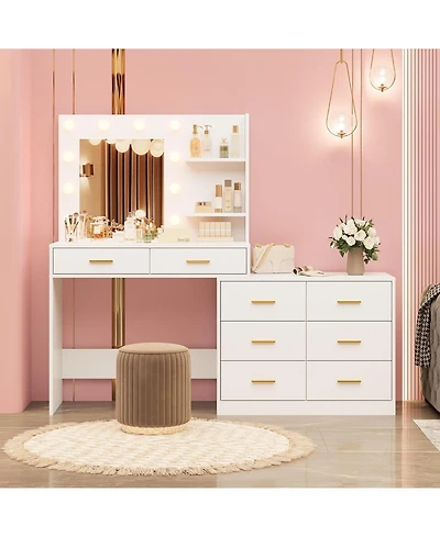 gaomon 61" Vanity Desk with Mirror & Lights - Makeup Vanity with 8 Wide Drawers, 2-Tier Shelves, 3 Dimmable Modes