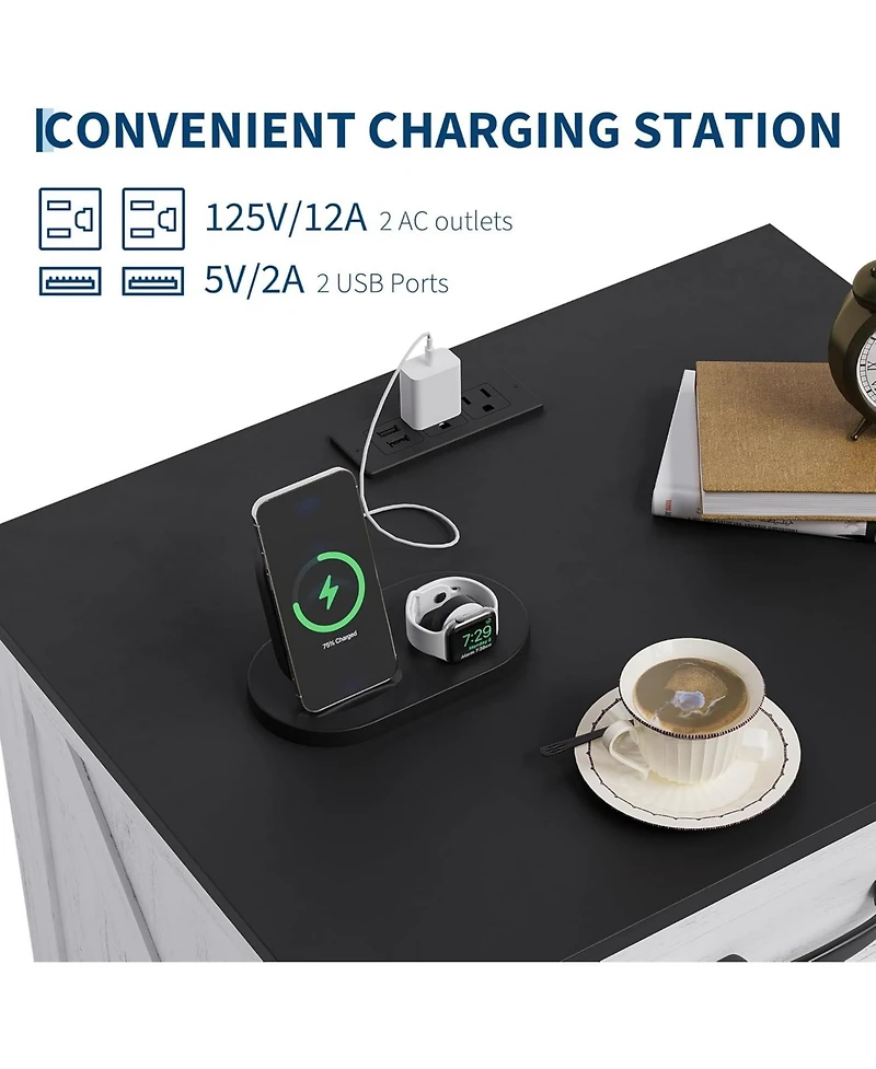 gaomon Modern Farmhouse Wood Nightstand with Charging Station & 3 Large Drawers