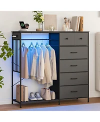 gaomon 49.2" w Dresser with Hanging Rack & Led Lights, 6-Drawer Closet Organizer with Charging Station