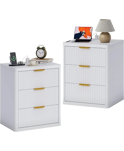 gaomon Fluted Nightstand with Charging Station, Bedside Table with 3 Drawers Storage Space