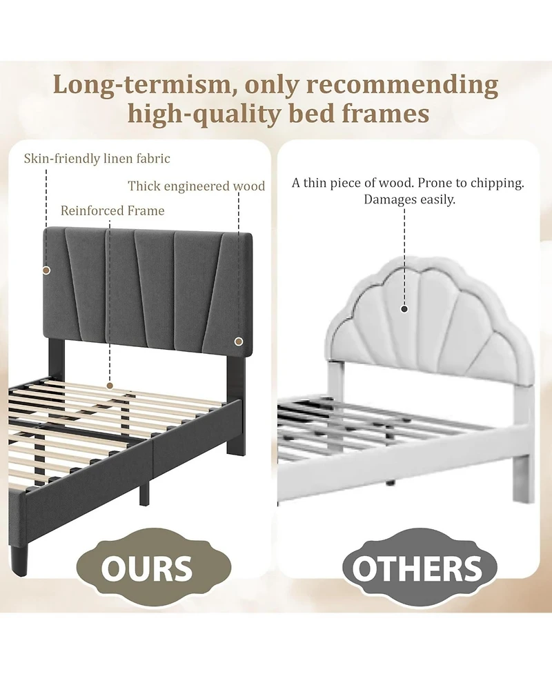 Gaomon Twin Size Bed Frame with Headboard Adjustable, Linen Upholstered Twin Platform Bed with Headboard, Mattress Foundation with Wooden Slats