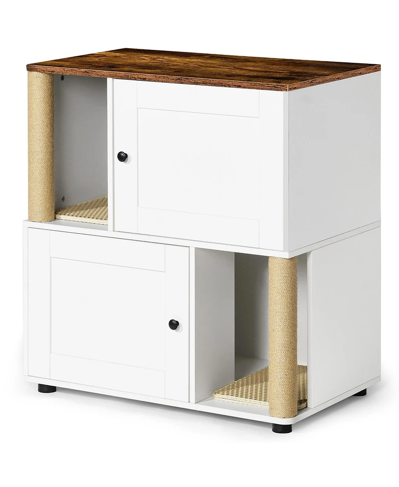 Cozito Double Cat Litter Box Enclosure Cabinet with Shelf and Scratching Post, Fits Two Litter Boxes, White and Vintage Finish