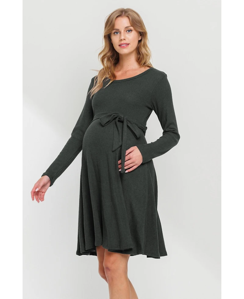 Hello Miz Maternity Rib Knit Empire Waist Long Sleeve Knee-Length Dress