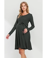 Hello Miz Maternity Rib Knit Empire Waist Long Sleeve Knee-Length Dress