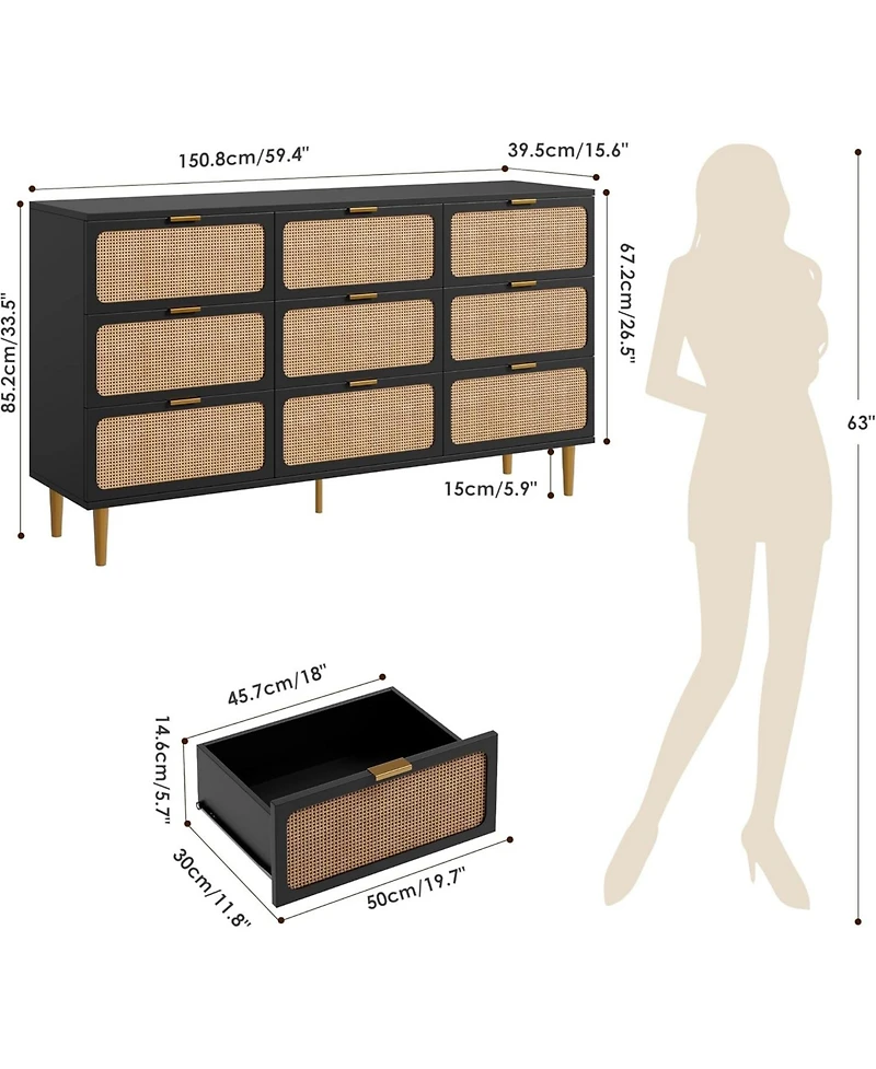gaomon Rattan 9 Drawer Dressers for Bedroom, Tall Dresser with Deep Drawers, Large Chest of Drawers Closet Wide Top