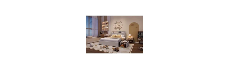 gaomon Full Bed Frame with Storage Headboard, Kids 2 Drawers, Boucle Upholstered Platform Bookcase, No Box Spring Needed, Easy