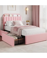 gaomon Twin Xl Bed Frame with Storage Headboard, Girls Bed Frame with 2 Drawers, Boucle Upholstered Platform Bed with Bookcase